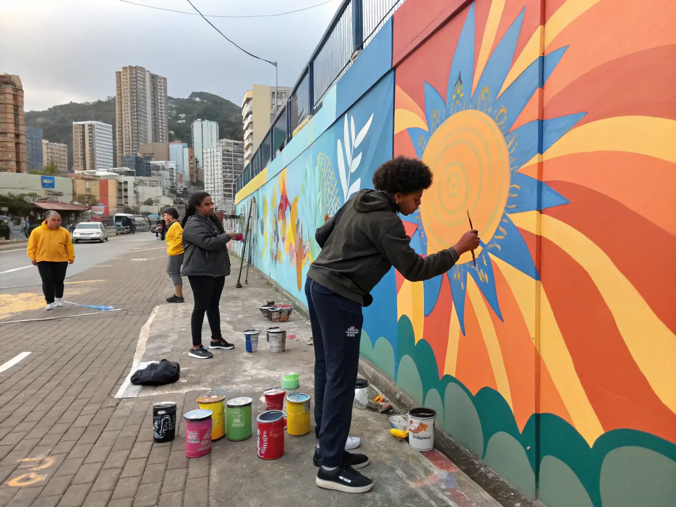 A dynamic image of a community mural painting event, with diverse participants collaborating on a large-scale artwork, reflecting the organization's focus on public art and community engagement.